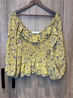 Astr Boho Yellow Floral Smocked Peasant Blouse Bell Sleeve Off Shoulder M